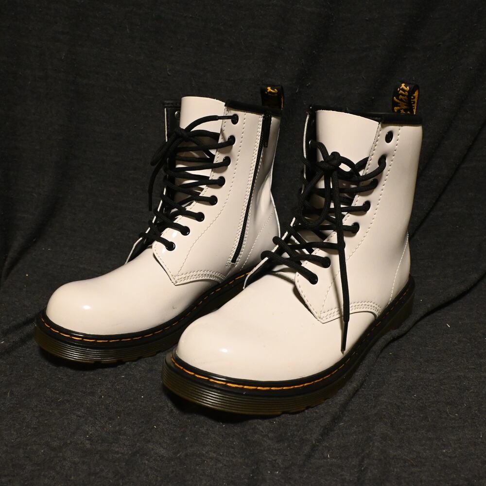 Dr. Martens Youth 5 (Women's 6) White Leather Combat Boots Lace Side Zip 1460Y